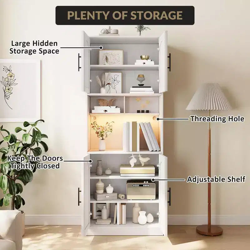 Meuble de rangement haut de cuisine blanc avec lumière RVB, 4 portes et étagères ouvertes