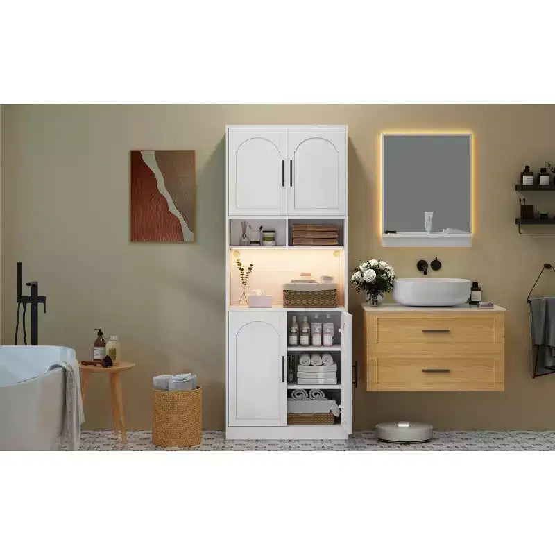 Meuble de rangement haut de cuisine blanc avec lumière RVB, 4 portes et étagères ouvertes