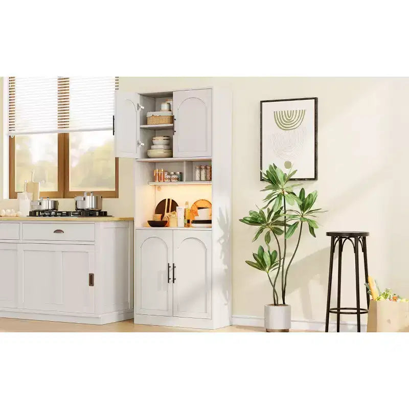 Meuble de rangement haut de cuisine blanc avec lumière RVB, 4 portes et étagères ouvertes