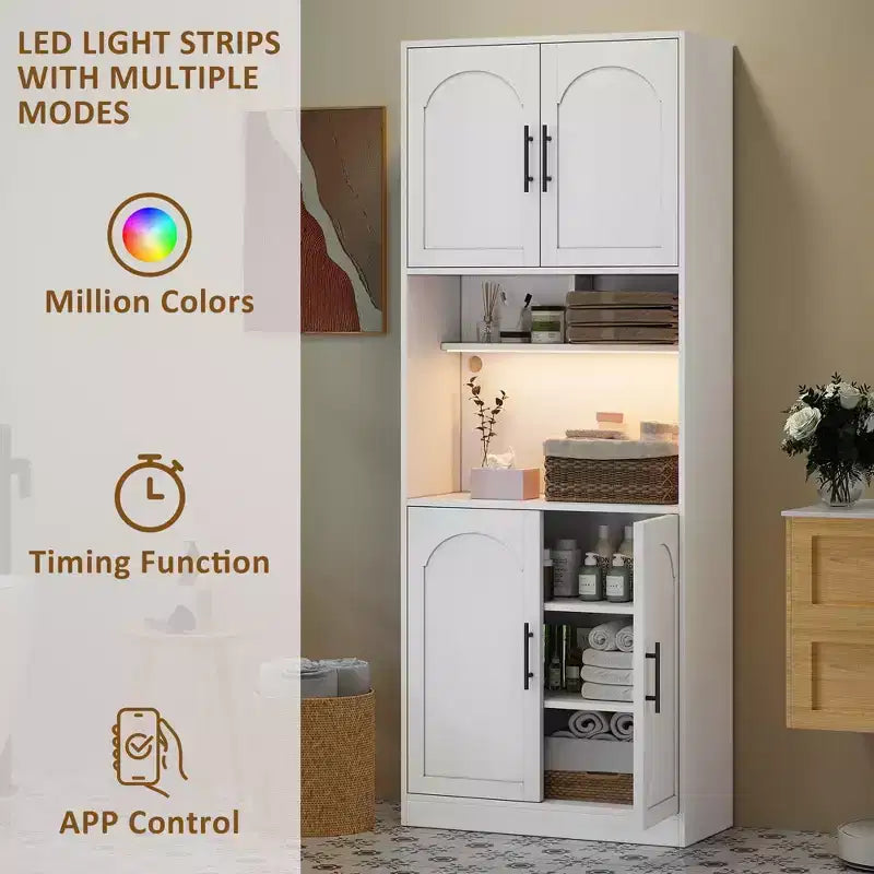 Meuble de rangement haut de cuisine blanc avec lumière RVB, 4 portes et étagères ouvertes