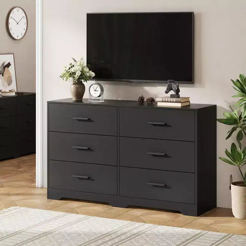 Commode Double Noire / Blanche à 6 Tiroirs, 47" de Large, Poignées Métalliques, Anti-Basculement, pour 2