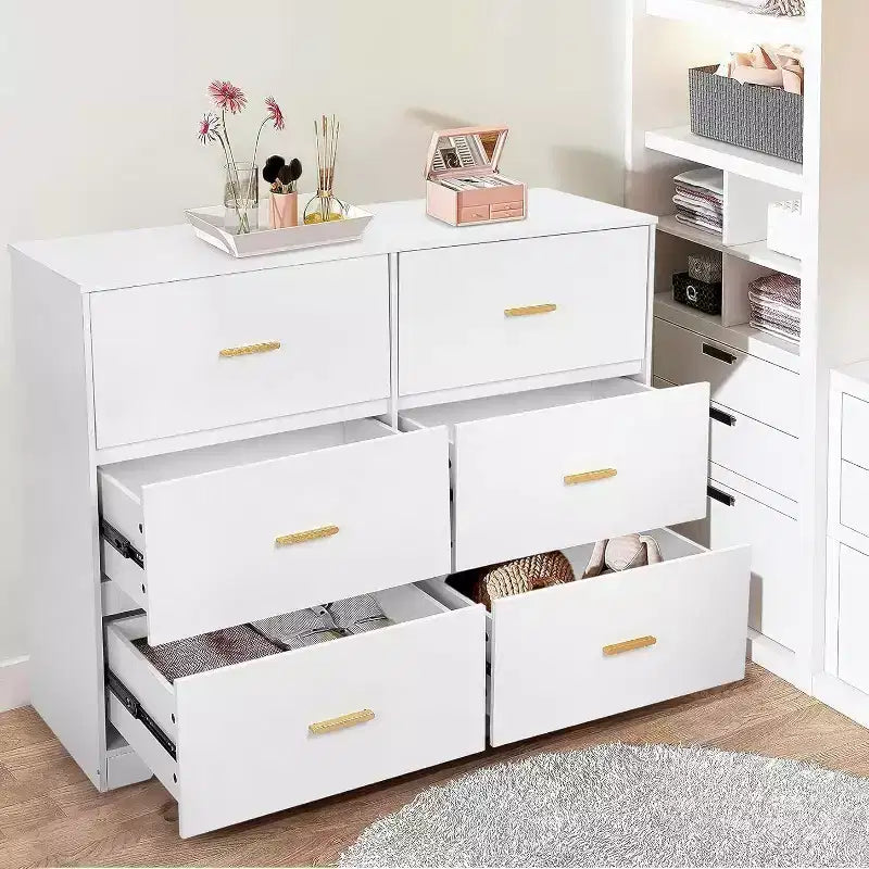 Commode Double Noire / Blanche à 6 Tiroirs, 47" de Large, Poignées Métalliques, Anti-Basculement, pour 2