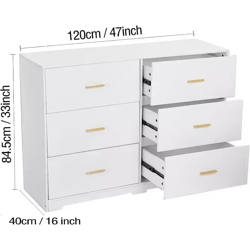 Commode Double Noire / Blanche à 6 Tiroirs, 47" de Large, Poignées Métalliques, Anti-Basculement, pour 2