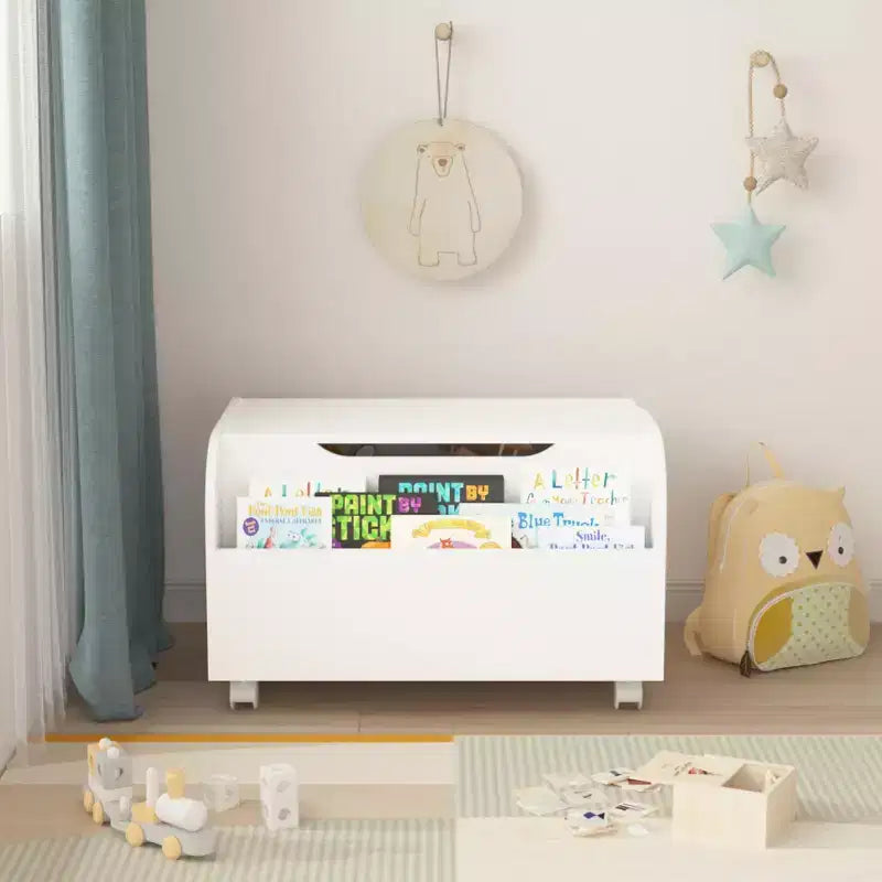 Boîte à jouets blanche pour enfants avec étagère à livres et roulettes, couvercle rabattable, pour 1 enfant