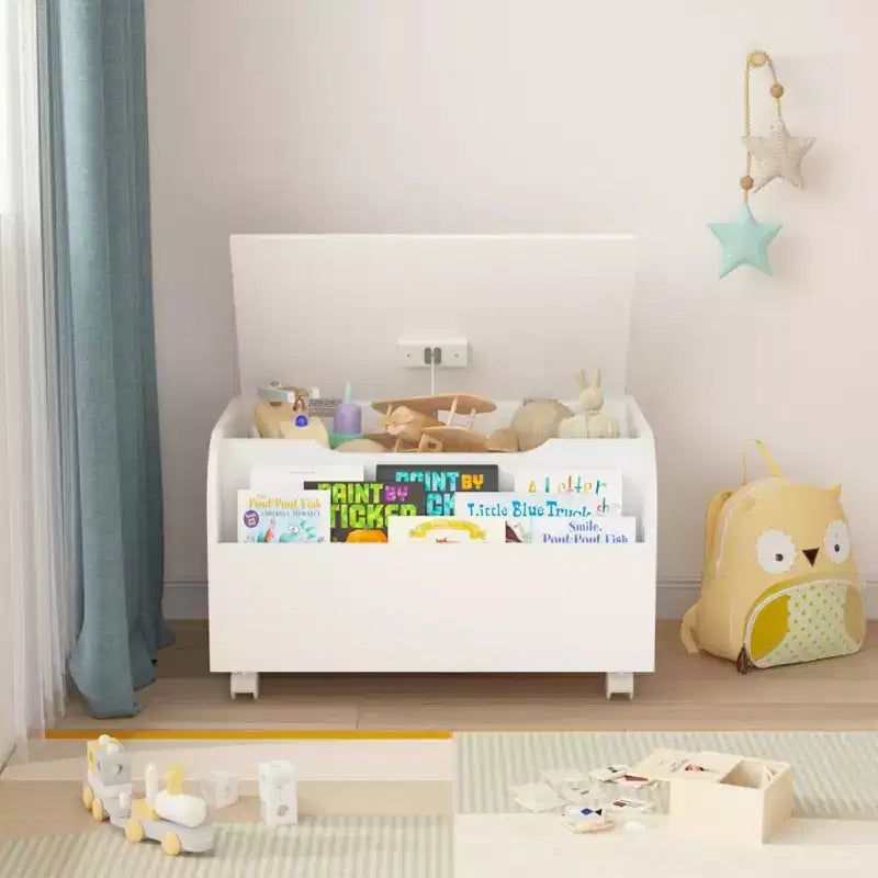 Boîte à jouets blanche pour enfants avec étagère à livres et roulettes, couvercle rabattable, pour 1 enfant