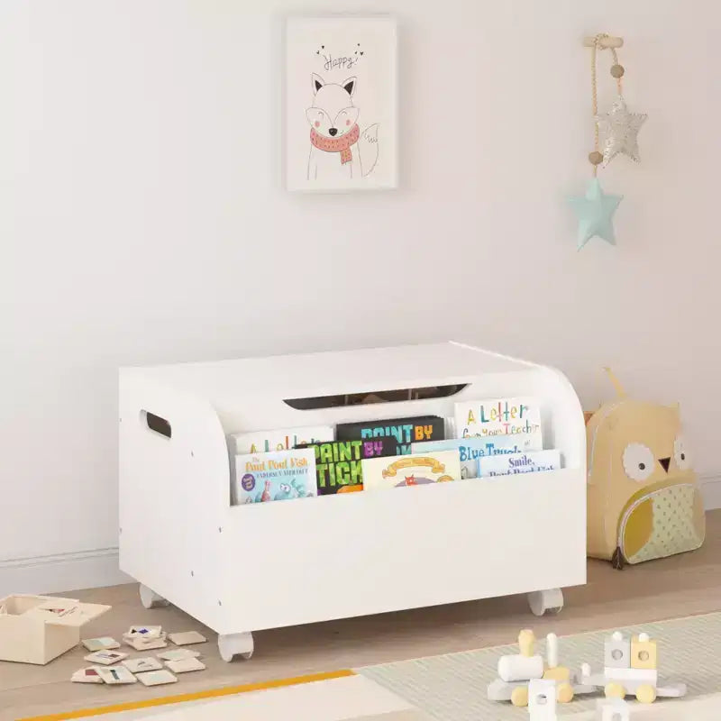 Boîte à jouets blanche pour enfants avec étagère à livres et roulettes, couvercle rabattable, pour 1 enfant