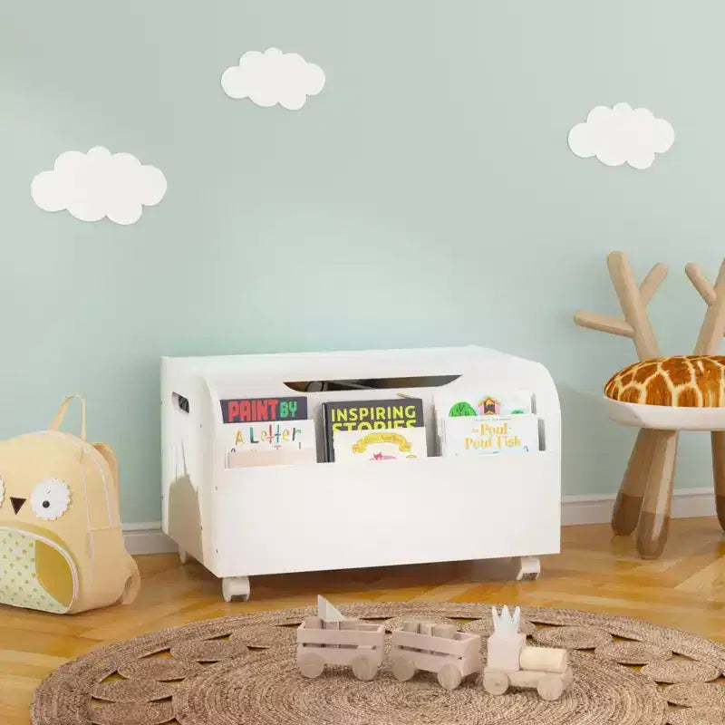 Boîte à jouets blanche pour enfants avec étagère à livres et roulettes, couvercle rabattable, pour 1 enfant