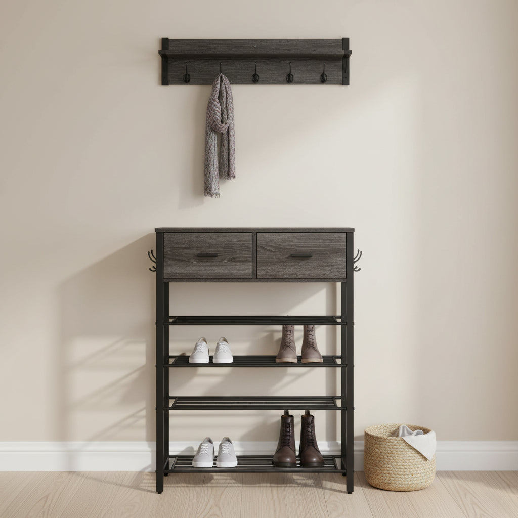 Shoe Rack, 4 Tier Shoe Storage Organizer With 2 Drawers, Metal Shoe Shelf Shoe Stand Shoes Storage Rack Hallway Shoe Rack With Storage And Hooks