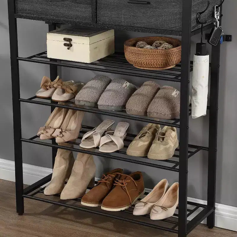 Meuble à chaussures gris de style industriel à 4 niveaux avec 2 tiroirs et crochets