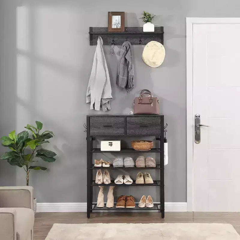 Meuble à chaussures gris de style industriel à 4 niveaux avec 2 tiroirs et crochets