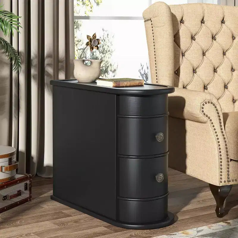Table d'appoint ovale étroite à 2 tiroirs (pour 1) Noire / Marron / Chêne brun / Blanc cassé / Noyer