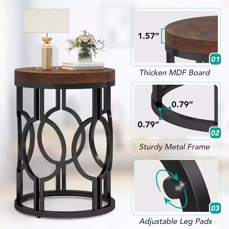 Table d'appoint industrielle étroite et ronde avec base métallique creuse – Table de chevet cylindrique
