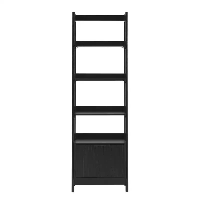 Bibliothèque étroite et haute noire avec 4 étagères ouvertes et tiroir cannelé, simple