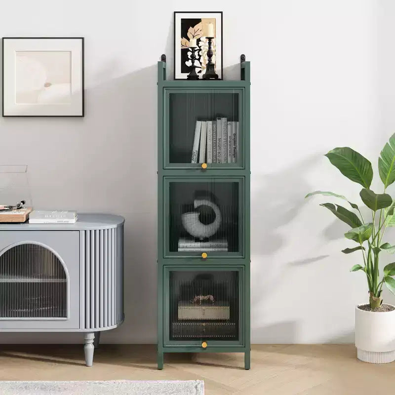 Armoire de rangement en fer noir/vert foncé avec portes vitrées, 3 ou 4 niveaux, pour 1 personne