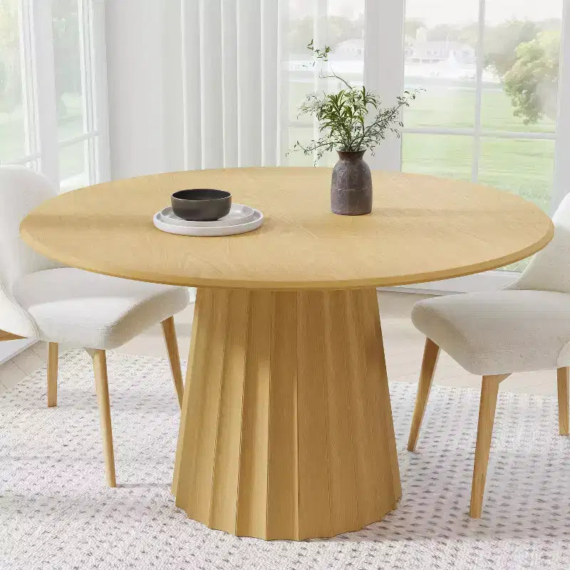 Table à manger ronde naturelle, piédestal cannelé, pour 4 à 6 personnes