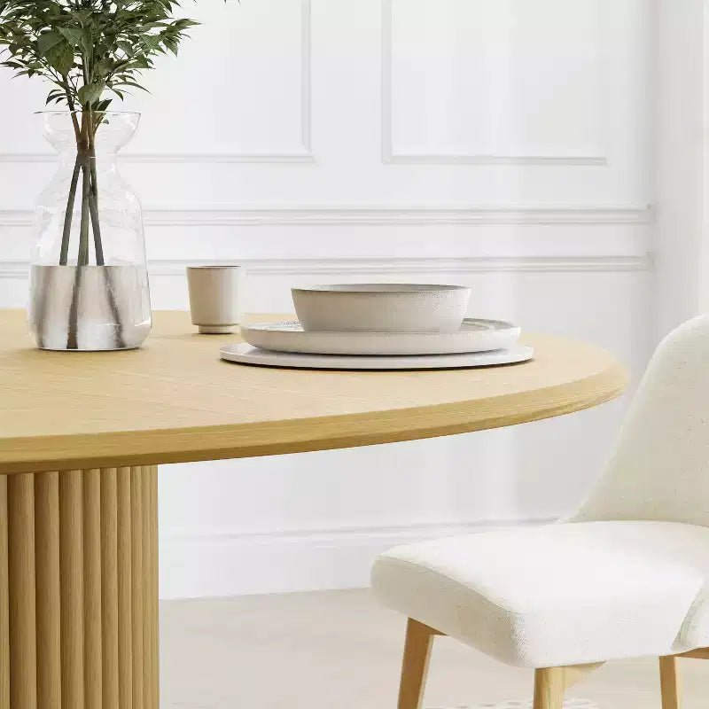 Table à manger ronde naturelle, piédestal cannelé, pour 4 à 6 personnes