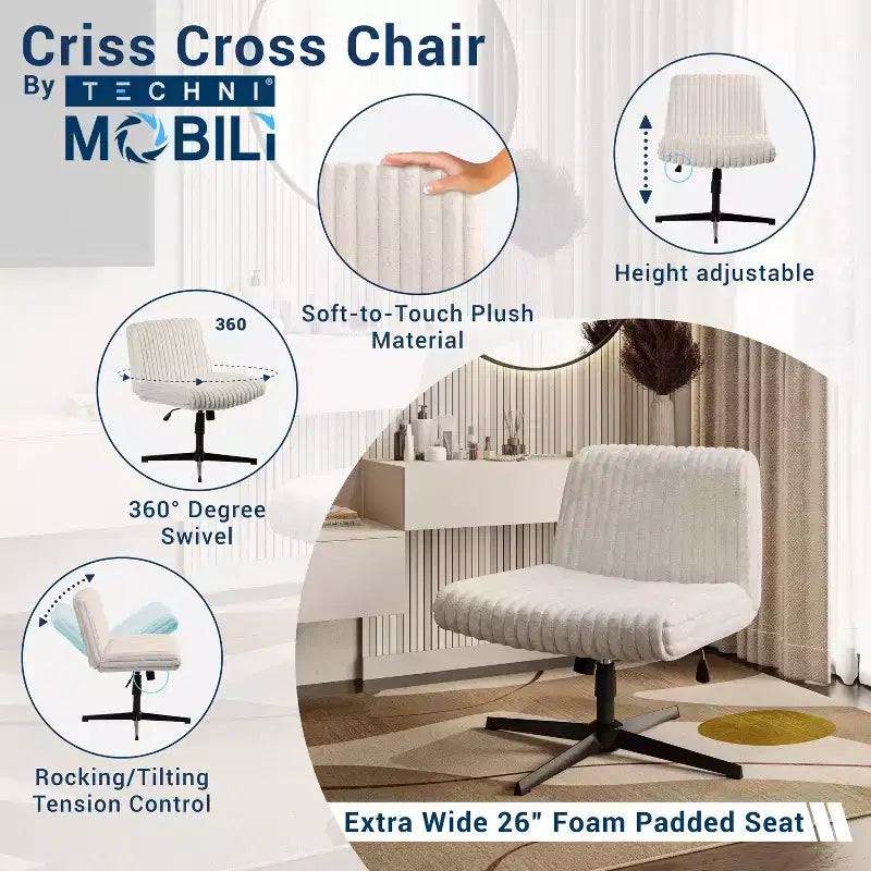Chaise Criss Cross en peluche avec hauteur réglable, Chaise de bureau avec siège extra large, Chaise confortable pour la maison, le bureau, Blanche