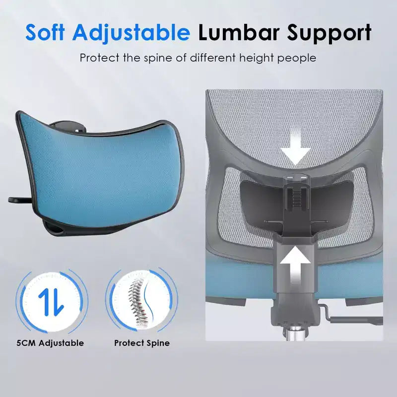 Fauteuil de bureau en maille bleu à dossier haut avec appui-tête et accoudoirs réglables, siège individuel