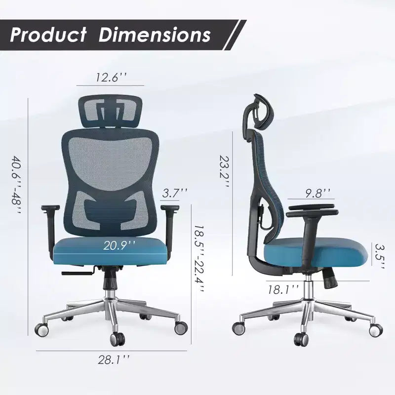 Fauteuil de bureau en maille bleu à dossier haut avec appui-tête et accoudoirs réglables, siège individuel