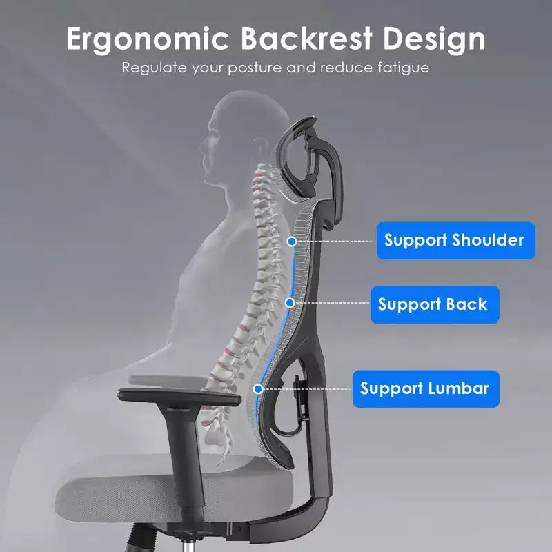 Fauteuil de bureau en maille bleu à dossier haut avec appui-tête et accoudoirs réglables, siège individuel