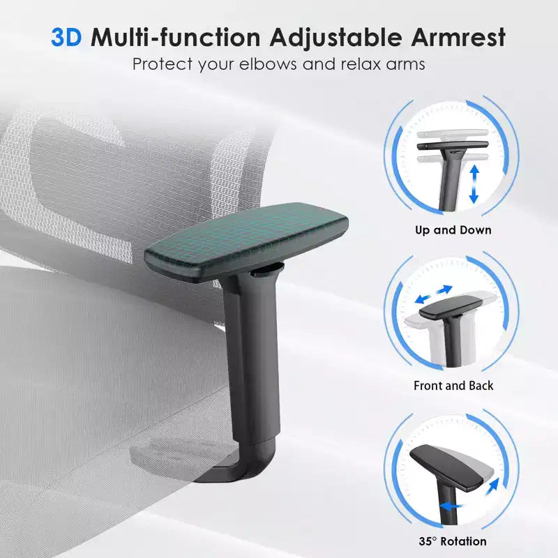 Fauteuil de bureau en maille bleu à dossier haut avec appui-tête et accoudoirs réglables, siège individuel