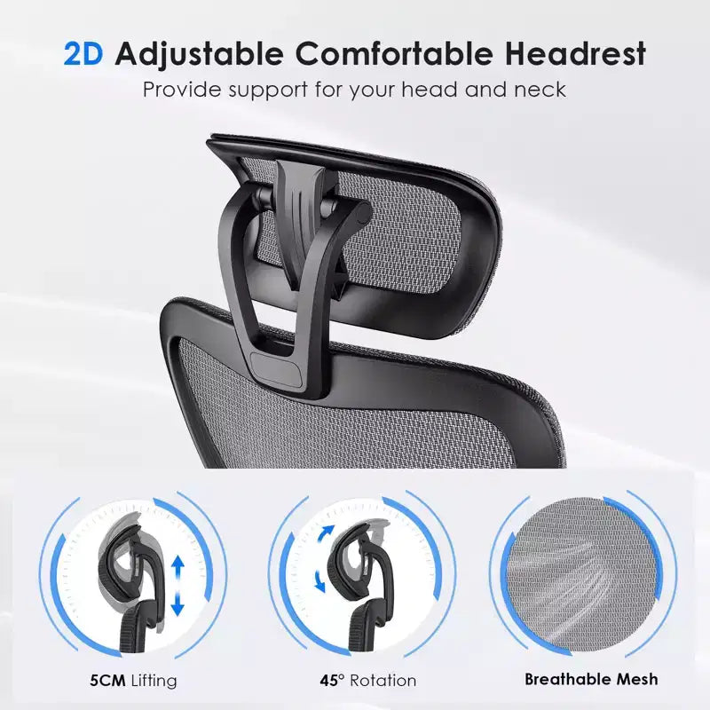 Fauteuil de bureau en maille bleu à dossier haut avec appui-tête et accoudoirs réglables, siège individuel