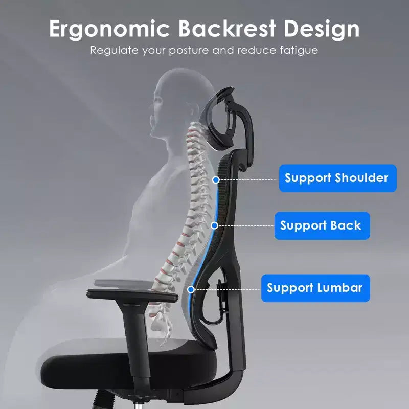 Fauteuil de bureau en maille bleu à dossier haut avec appui-tête et accoudoirs réglables, siège individuel