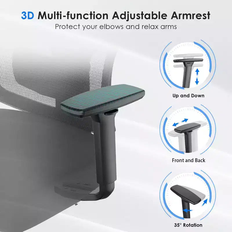 Fauteuil de bureau en maille bleu à dossier haut avec appui-tête et accoudoirs réglables, siège individuel
