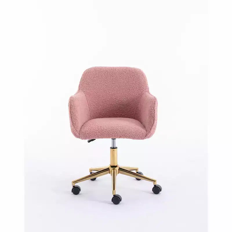 Fauteuil de bureau pivotant en tissu Teddy blanc avec piètement en métal doré, 1 personne, hauteur réglable