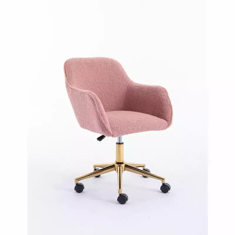 Fauteuil de bureau pivotant en tissu Teddy blanc avec piètement en métal doré, 1 personne, hauteur réglable