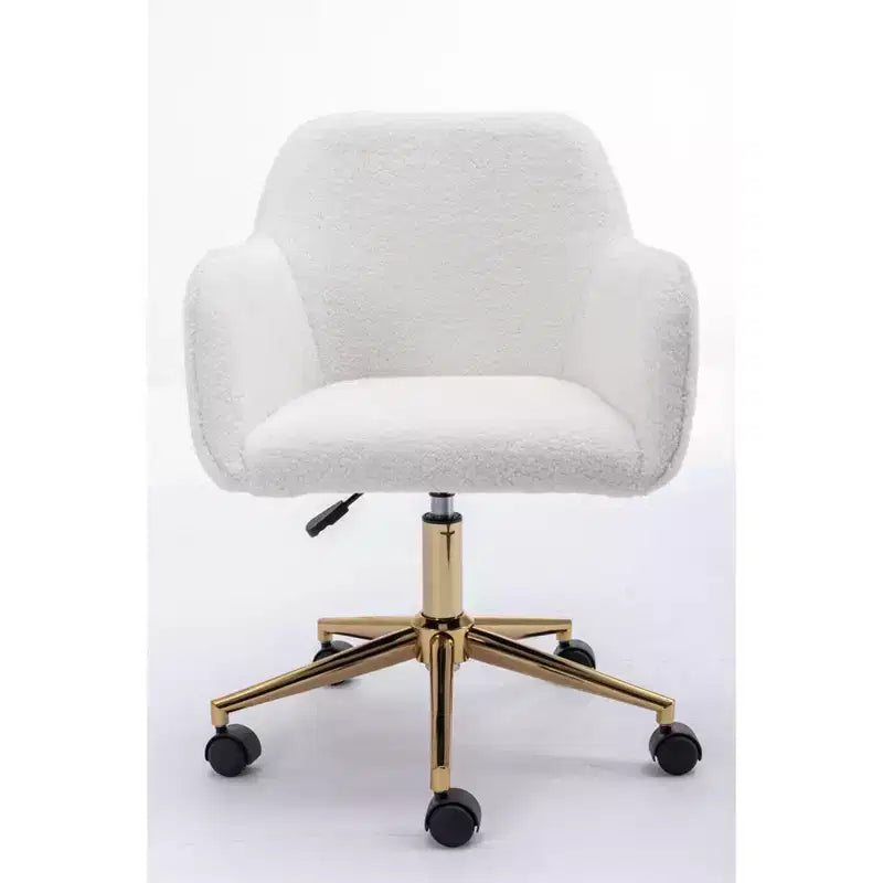 Fauteuil de bureau pivotant en tissu Teddy blanc avec piètement en métal doré, 1 personne, hauteur réglable