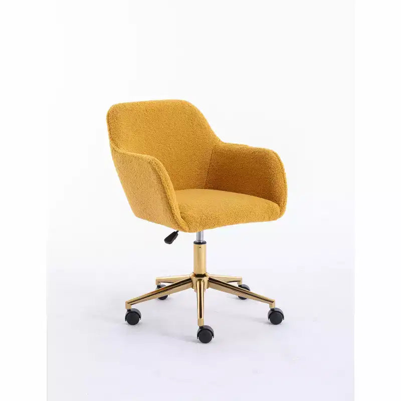 Fauteuil de bureau pivotant en tissu Teddy blanc avec piètement en métal doré, 1 personne, hauteur réglable