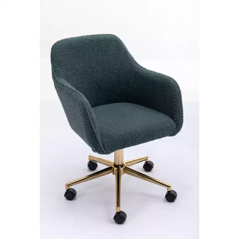 Fauteuil de bureau pivotant en tissu Teddy blanc avec piètement en métal doré, 1 personne, hauteur réglable