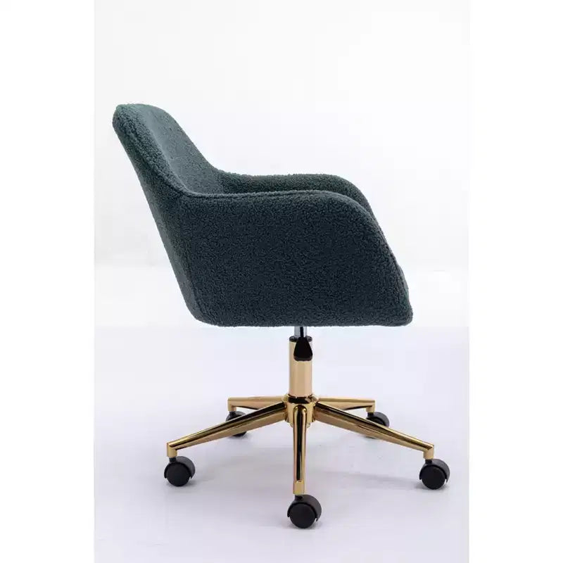 Fauteuil de bureau pivotant en tissu Teddy blanc avec piètement en métal doré, 1 personne, hauteur réglable