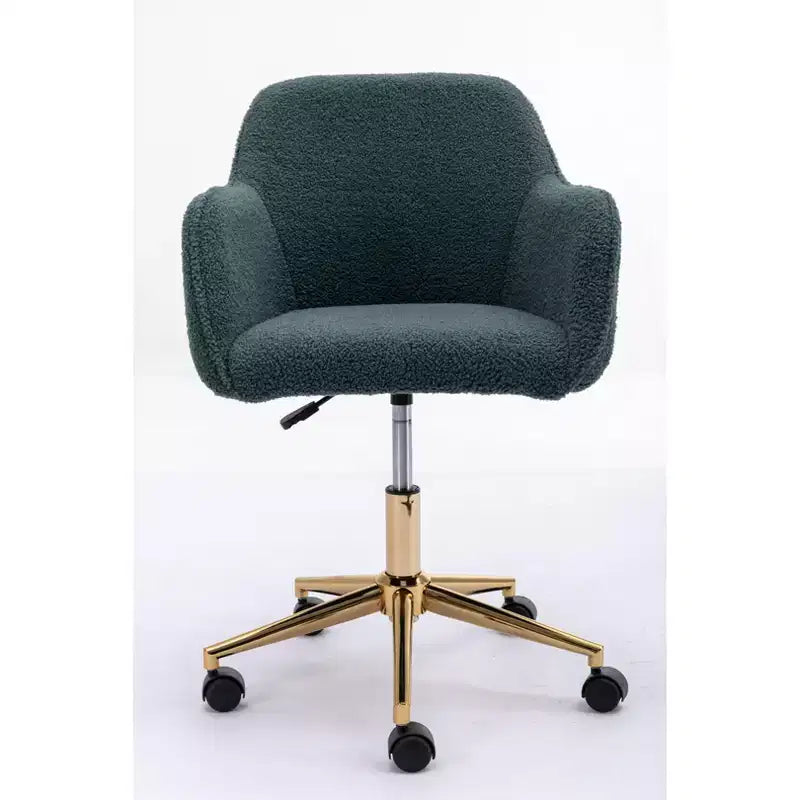 Fauteuil de bureau pivotant en tissu Teddy blanc avec piètement en métal doré, 1 personne, hauteur réglable
