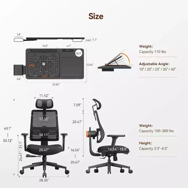 Chaise de bureau ergonomique en maille noire avec support pour ordinateur portable, 1 personne, hauteur réglable