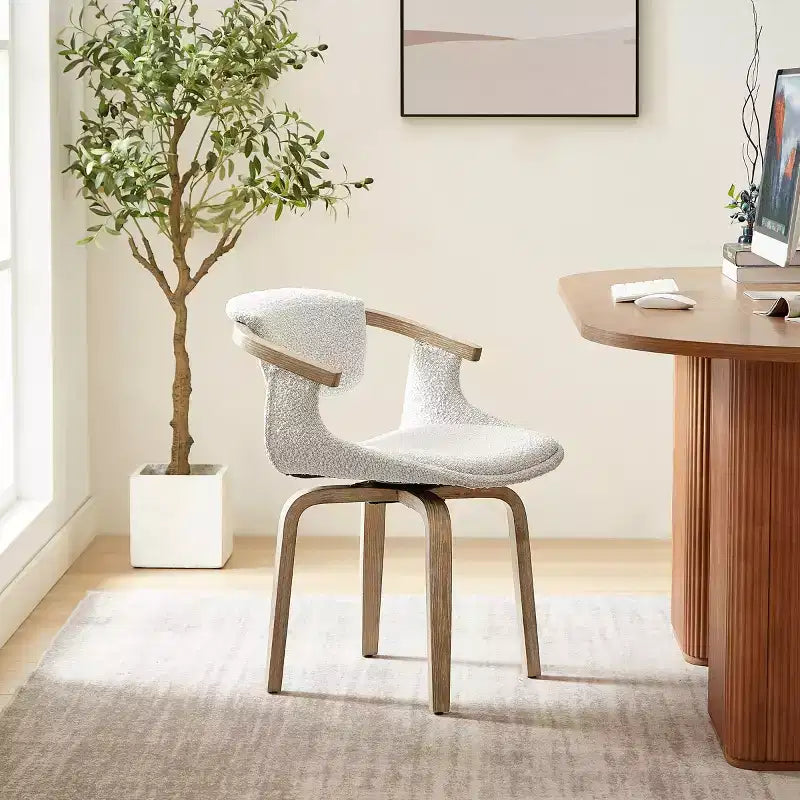 Chaise de salle à manger pivotante en tissu bouclette blanc avec accoudoirs, 1 place