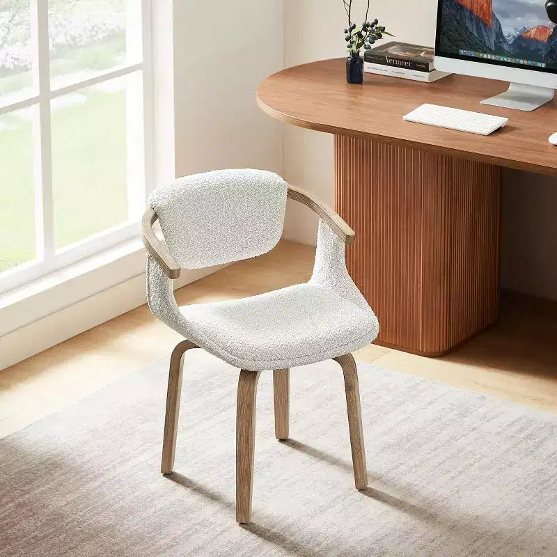 Chaise de salle à manger pivotante en tissu bouclette blanc avec accoudoirs, 1 place