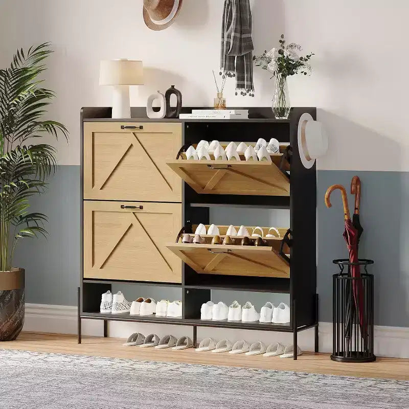 Meuble à chaussures rétro noir et bois avec 4 tiroirs basculants – Autonome, peut contenir 28 paires