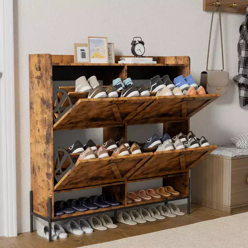 Meuble à chaussures rétro noir et bois avec 4 tiroirs basculants – Autonome, peut contenir 28 paires