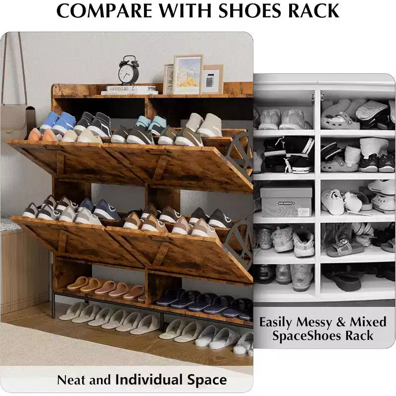 Meuble à chaussures rétro noir et bois avec 4 tiroirs basculants – Autonome, peut contenir 28 paires