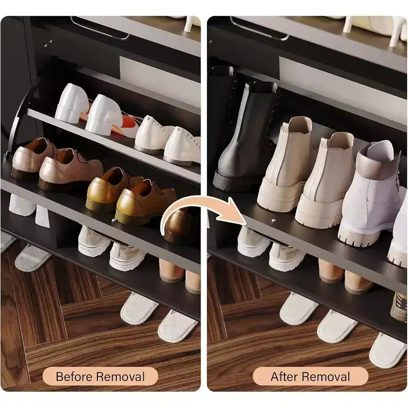 Meuble à chaussures rétro noir et bois avec 4 tiroirs basculants – Autonome, peut contenir 28 paires