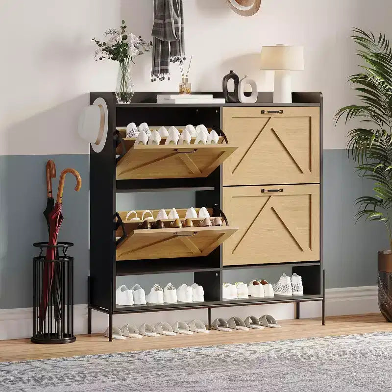 Meuble à chaussures rétro noir et bois avec 4 tiroirs basculants – Autonome, peut contenir 28 paires