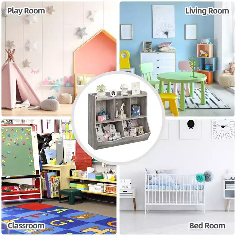 Organisateur de jouets pour enfants avec 5 casiers et un plateau inférieur, marron/gris/rose/blanc, MDF, pour 1 an et plus