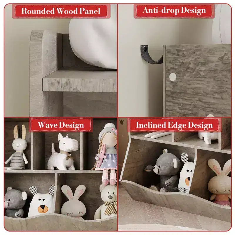 Organisateur de jouets pour enfants avec 5 casiers et un plateau inférieur, marron/gris/rose/blanc, MDF, pour 1 an et plus