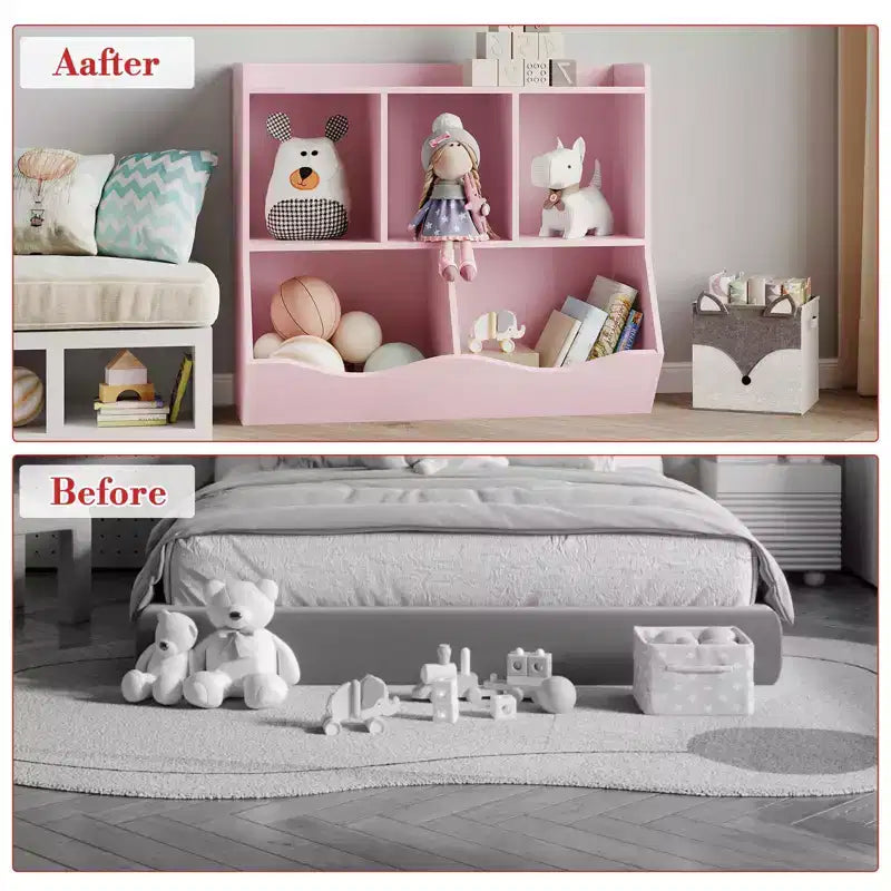 Organisateur de jouets pour enfants avec 5 casiers et un plateau inférieur, marron/gris/rose/blanc, MDF, pour 1 an et plus