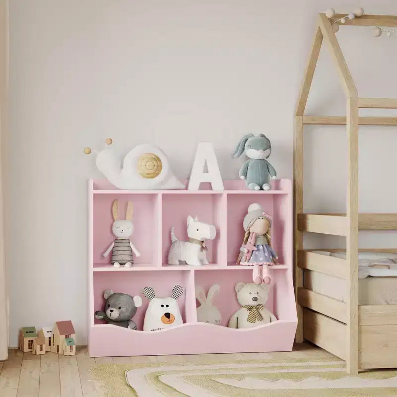 Organisateur de jouets pour enfants avec 5 casiers et un plateau inférieur, marron/gris/rose/blanc, MDF, pour 1 an et plus