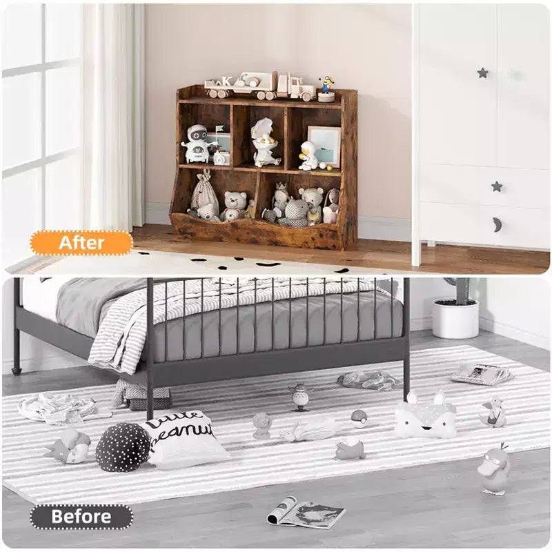 Organisateur de jouets pour enfants avec 5 casiers et un plateau inférieur, marron/gris/rose/blanc, MDF, pour 1 an et plus