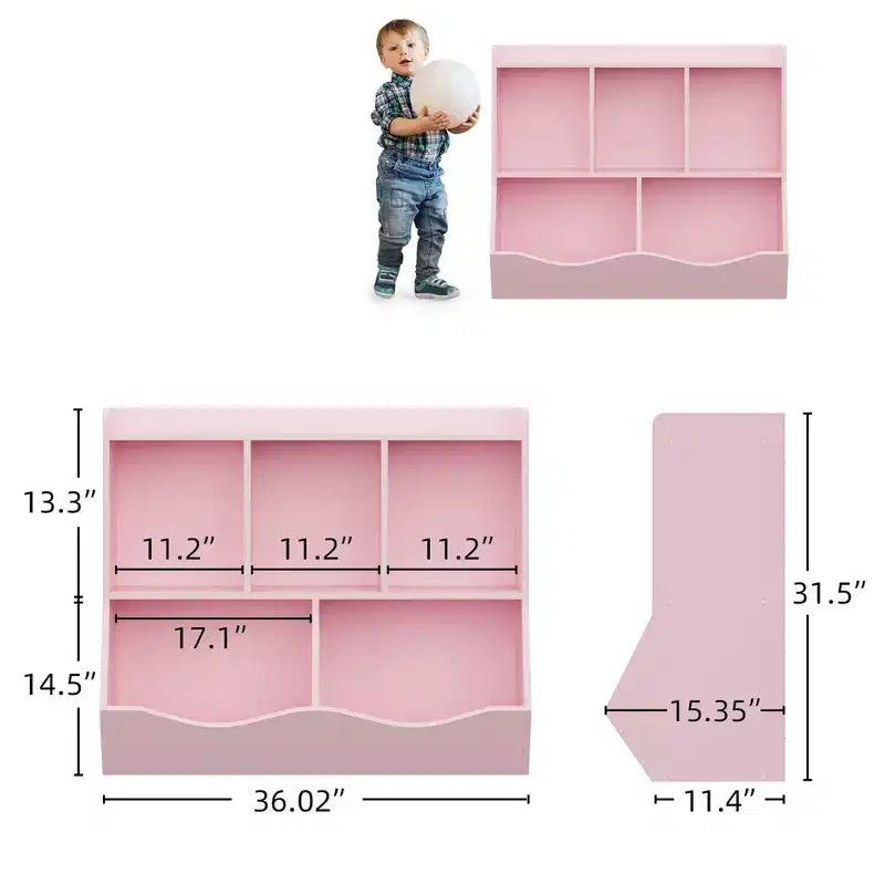 Organisateur de jouets pour enfants avec 5 casiers et un plateau inférieur, marron/gris/rose/blanc, MDF, pour 1 an et plus