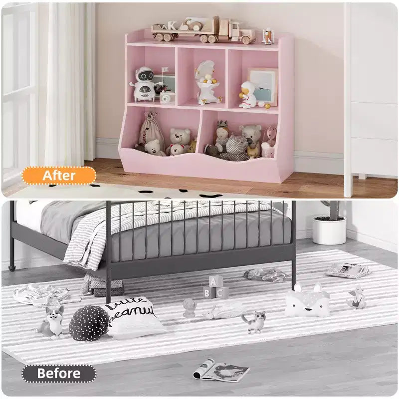 Organisateur de jouets pour enfants avec 5 casiers et un plateau inférieur, marron/gris/rose/blanc, MDF, pour 1 an et plus